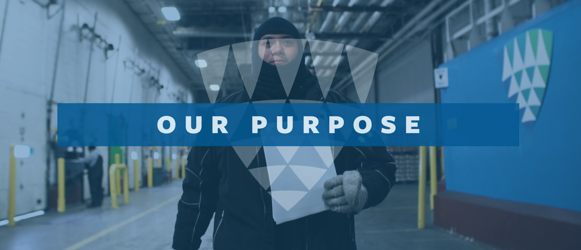 Lineage employee in cold storage warehouse with Lineage logo and "our purpose" overlayed