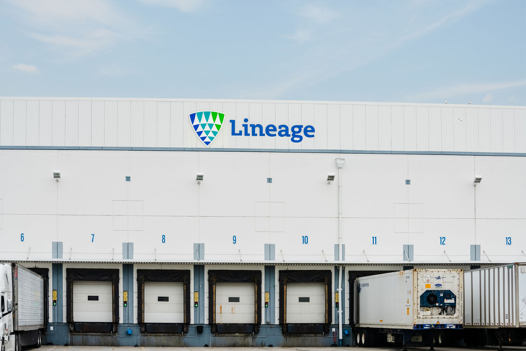 Exterior of Lineage warehouse loading docks with trucks
