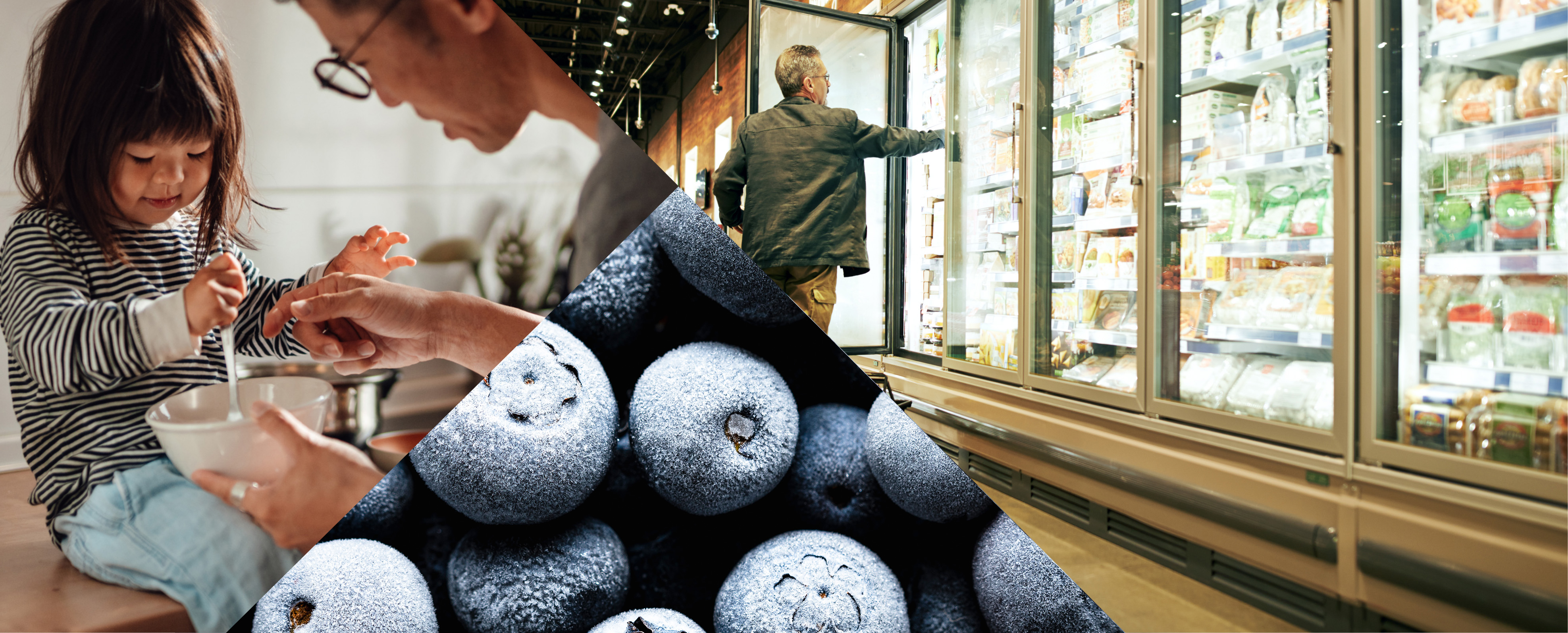 Collage of child and father sharing food, blueberries and the frozen aisle of a grocery store