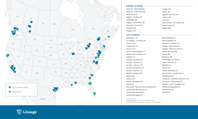 Map showing Lineage's bonded and I-House warehouses across the US and Canada.