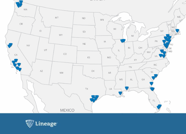 Map of the United States highlighting Lineage's network of bonded warehouses and USDA-approved I-Houses, strategically located near key ports and trade hubs.