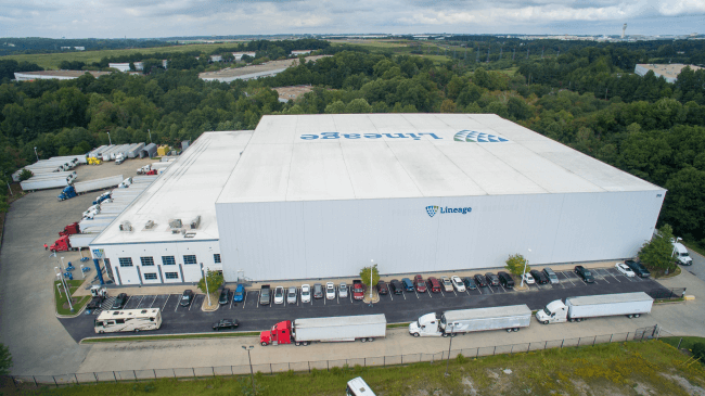 Aerial view of Lineage's College Park, Georgia facility, a key location in the Velocities Multi-Vendor Cross-Border Program, supporting efficient supply chain operations.