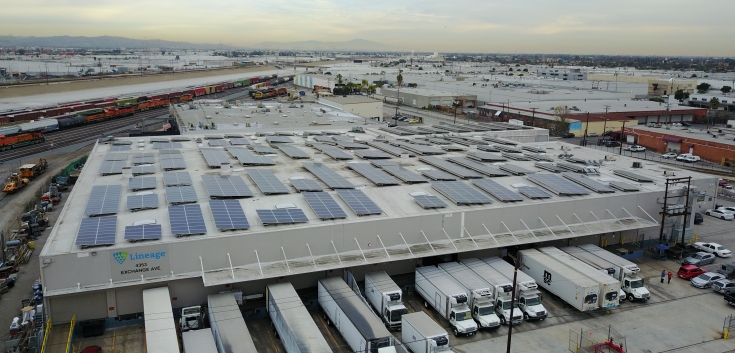 Aerial photo of Lineage's Vernon 4 facility with numerous solar panels