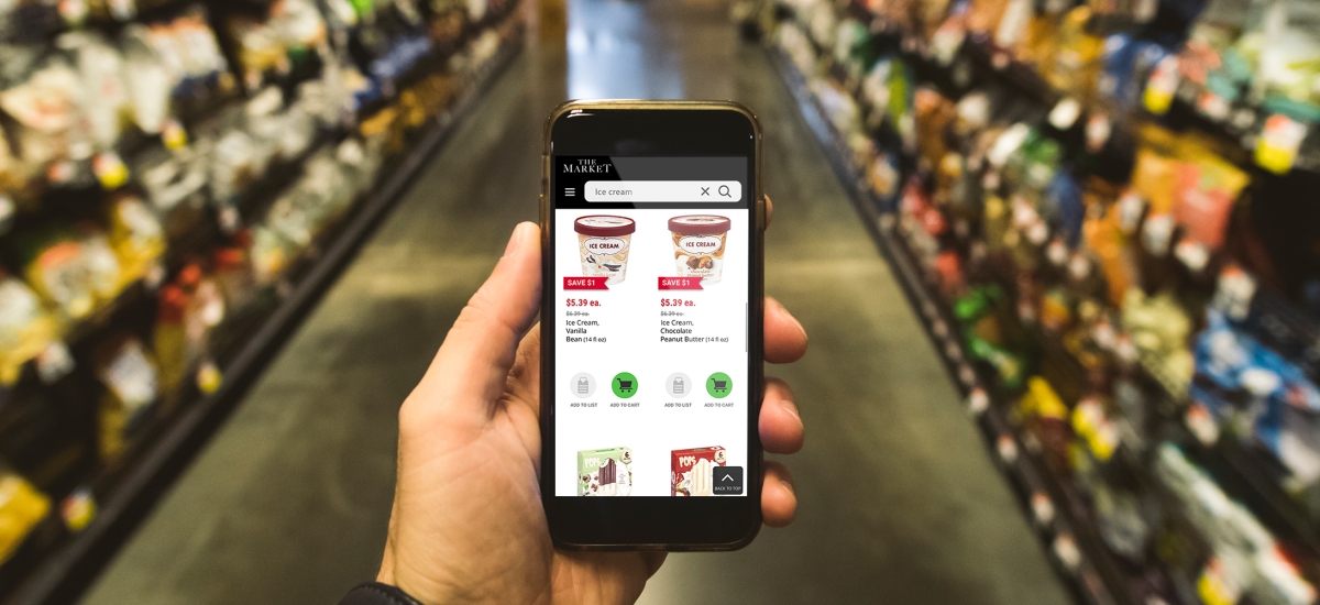 Person in grocery store using an app to look at items for purchase