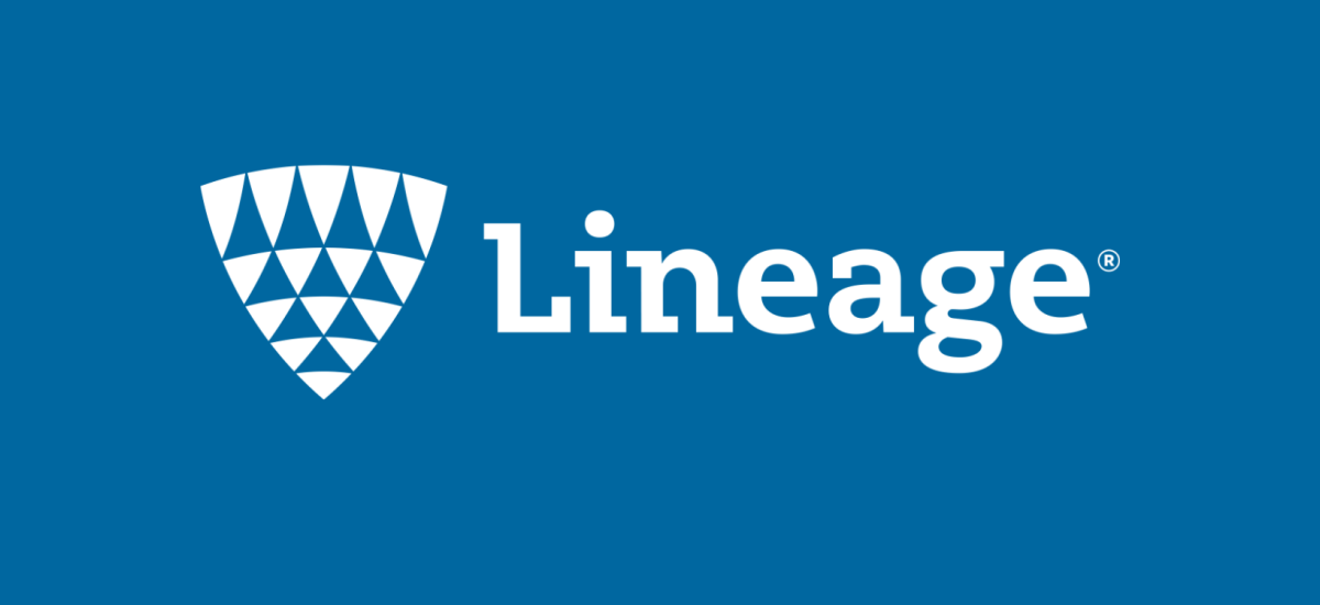 White Lineage logo on a blue background