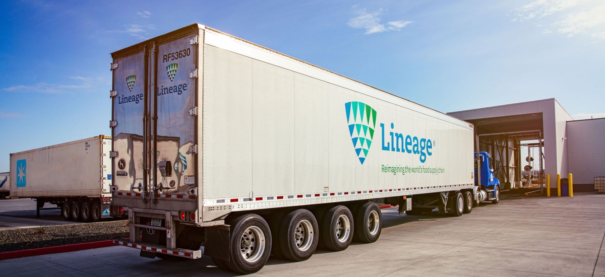 a Lineage branded refrigerated truck tractor trailer